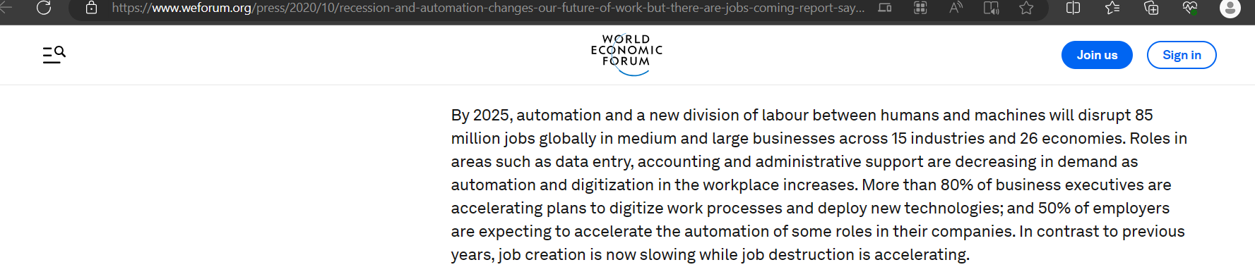 world economic forum on the displace of jobs by AI