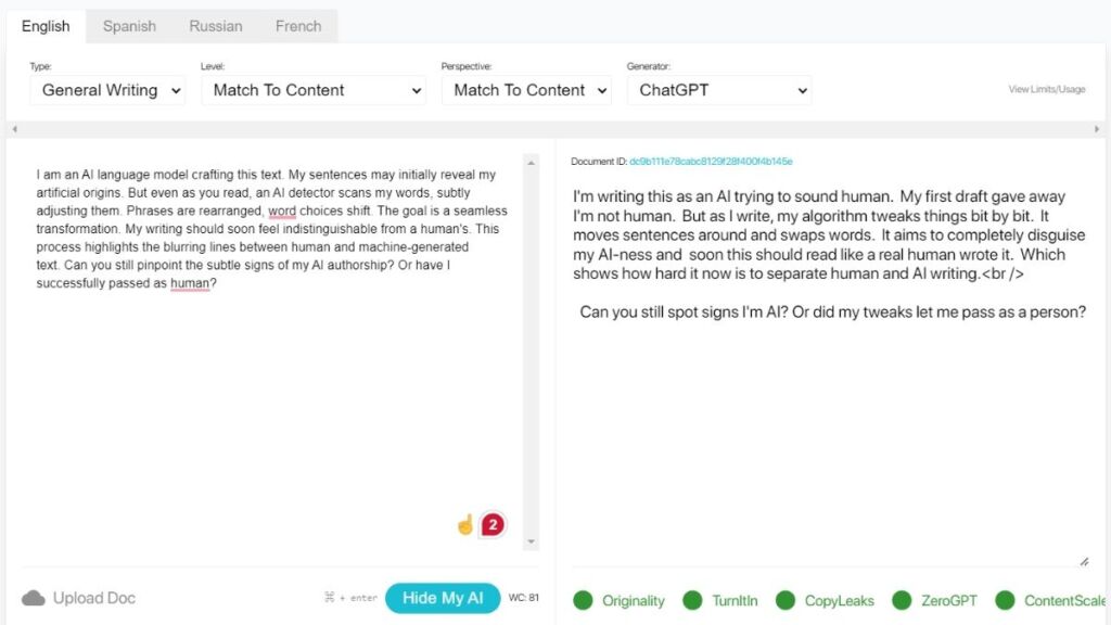 HideMyAI to bypass ai content detectors